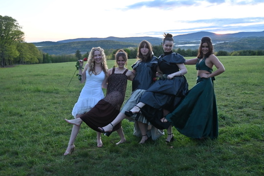 Five models in flowing gowns posing together in a golden-hour field after the show